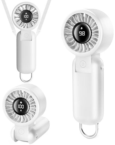 Handventilator, USB-Ventilator Akku, Faltbar Hand Ventilator mit LED Anzeige, Tragbarer Mini Ventilator Wiederaufladbar mit Trageschnur, 5 Geschwindigkeiten, für Büro, Schminke, Outdoor, Reisen