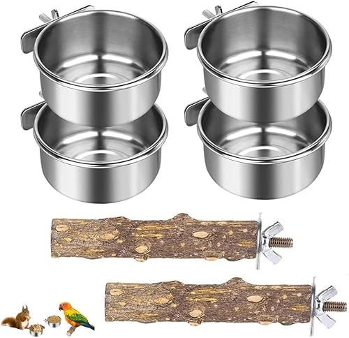 4pcsPet Feeder, Parrot Feeder, Bird Feeder for Cage, Parrot Feeding Cups, Bird Food Plate, 2 Pieces Perches, Steel Parrot Feeders
