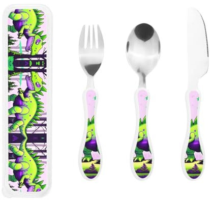 Green Dinosaur Print Knife, Fork and Spoon Set - Stainless Steel Flatware Set, Birthday Parties, and More – Adorable