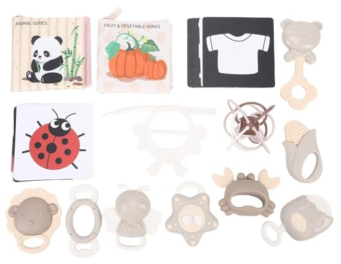 SIXRUN Baby Rasselt Zähler Weiches Silikonrassel -Teether -Set mit Stoffbüchern, Greifen von Shakerspielzeug und Zahnen für Hörstöcke