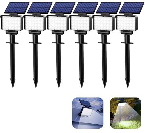 Solpex Lot de 6 Spots Solaires d'extérieur, Projecteurs Solaires,IP65 étanches à 24 LED Lampes solaires pour Chemins, extérieur Jardins, Clôtures (Blancs)