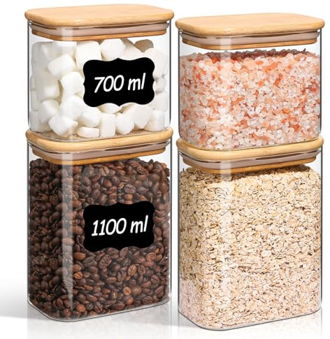 ComSaf Tarros de cristal con tapa 700–1100 ml, pack de 4 para cocina | Frascos de vidrio, Botes cocina almacenaje, Tapas de bambú, Judías mungo, Cereal instantáneo, Granos de pimienta