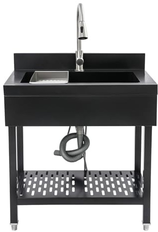 TFGXUE Évier de cuisine sur pied avec robinet extensible, évier en acier inoxydable, évier extérieur, lavabo de jardin, pieds réglables, jusqu'à 150 kg, 70 x 50 x 90 cm, noir