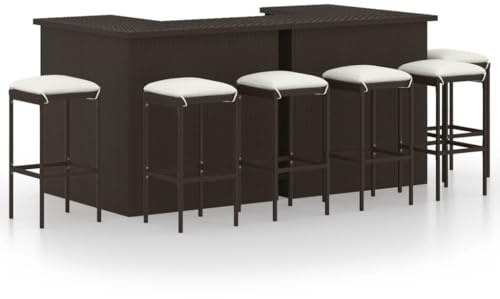Bucmath 8-TLG. Gartenbar-Set mit Kissen, Poly Rattan Braun, 2 Tische & 6 Hocker für Terrasse, Balkon, Outdoor-Möbel