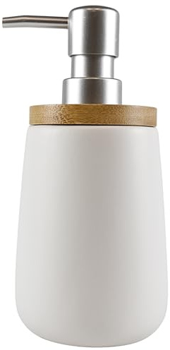 BADfabrik24 Edition One Seifenspender Bonja Wellness, Dolomit weiß Ø 8,5 cm Höhe 17 cm 450 ml, Bambus-Deckel & verchromt satinierte Pumpe, nachfüllbar für Bad/Küche/Gäste-WC, präzise Dosierung & stand