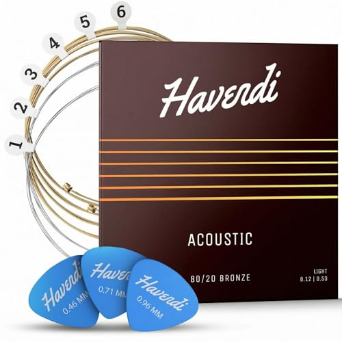 HAVENDI® Gitarrensaiten I Akustikgitarrensaiten 80/20 Bronze-Beschichtung I Brillante Klangqualität I Inklusive 3 Plektren (Light 12-53, 1 Set)