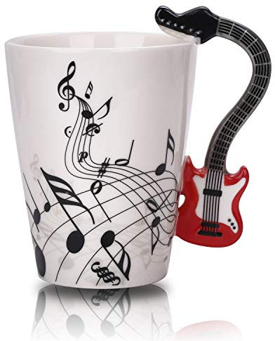 Guitar Music Mug Unique Handle Art Musical Notes Holds Tea Coffee Milk Ceramic Mug Cup 12 oz Christmas Birthday Best Gift (Red)