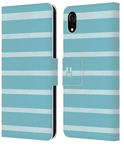 Head Case Designs Zyan Und Weiss Streifen Kollektion Leder-Wallet-Hülle Kompatibel mit Apple iPhone XR