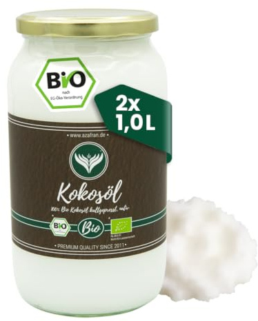 Azafran BIO Kokosöl Kokosnussöl nativ kaltgepresst 2L | Natives Kokosöl im Glas zum Kochen, Backen, Braten & Verfeinern