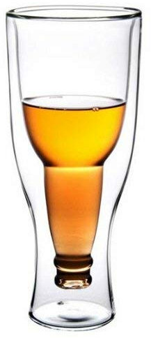 Grinscard Bierglas Pils & Alt - Doppelwandig Versunkene Bierflasche Design 330 ml - Universalglas Hausbar & Party