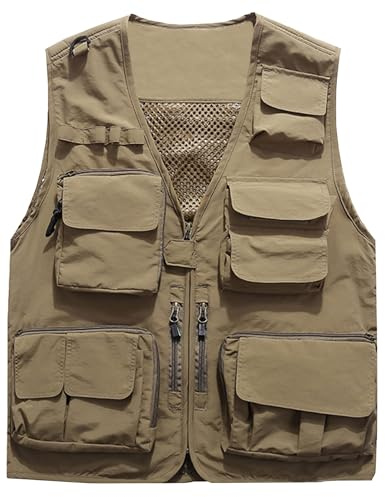 Flygo Chaleco para hombre, casual, ligero, para pesca, trabajo, safari, viajes, fotos, con múltiples bolsillos, Caqui, X-Large