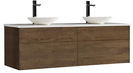 StoneArt Badmöbel Set Mineralguss Waschbecken Waschschale Aufsatzwaschbecken und Unterschrank Waschtisch Einzel- oder Doppelwaschbecken Venice VE-1600pro-2 Eiche dunkel 160cm