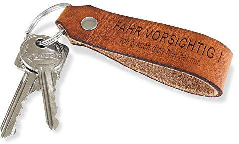 ROYALZ Echt Leder Schlüsselanhänger mit Botschaft 'Fahr Vorsichtig' Geschenk für Sie oder Ihn, Farbe:19671 Honey Braun/Fahr Vorsichtig - Ich 2