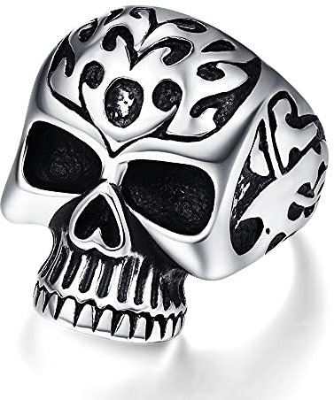 Cloyo Punk Skull Ring Herren Silber Schwarz Edelstahl Ringe Gothic Schädel Biker Ringe für Männer Vintage Fingerring Größe 65(20.7)