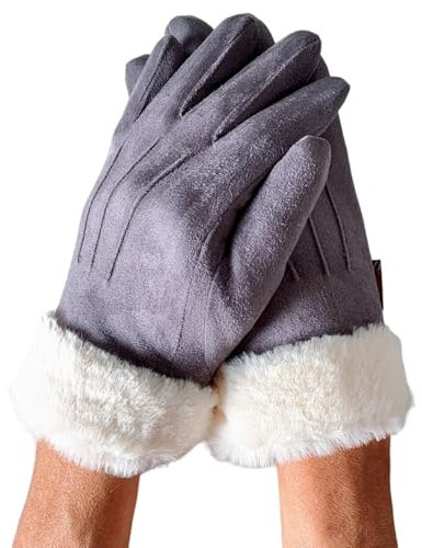 axelens Damen Winter Touchscreen Kunstlederhandschuhe, Super Weich, Warme und Elegant aus Wildleder, Ärmel in ökologischem Weichpelz für Smartphone, Handy Größe S/M – DUNKELGRAU
