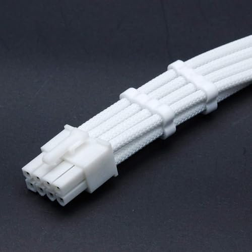 shakmods 8 Pin ATX CPU Motherboard Full WHITE Heatshrinkless Sleeved Extension Cable with White Connector & 2 White Cable Combs 30cm