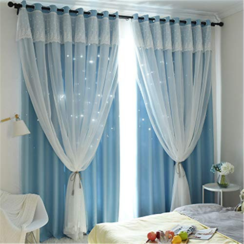 EXQULEG Doppelschicht Blackout Vorhänge Gardinen Mädchen Vorhang Aushöhlen Sterne Gemustert Prinzessin Stil Vorhang für Wohnzimmer Schlafzimmer Kinderzimmer (Blau,137 × 132cm (H × B))