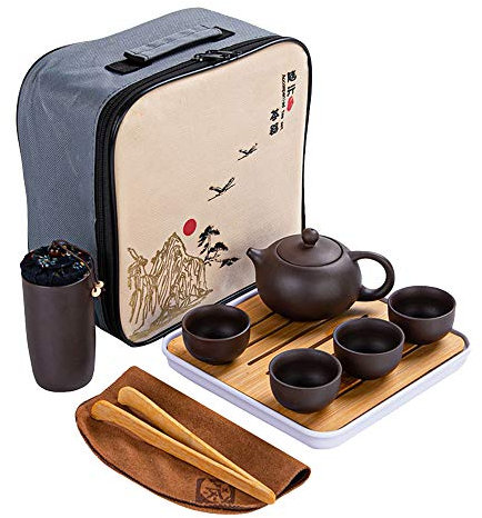 G-LIKE Keramik Teeservice Zisha-Ton Unglasiert - Traditionelles Chinesisches Teegeschirr aus Lila Ton Tragbare Geschenkbox mit 1 Teekanne 1 Teedose 1 Teebrett 4 Teetassen Teeset Gong Fu Stil (Ton)