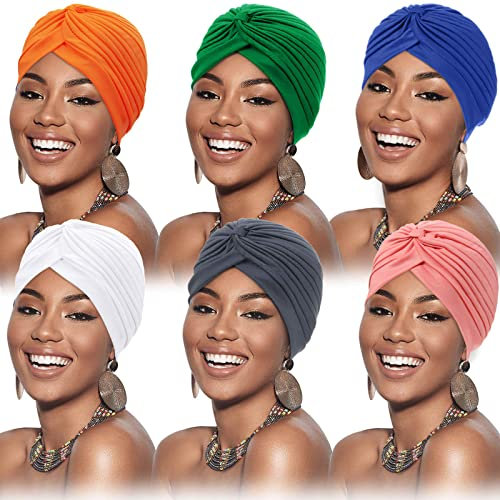 SATINIOR 6 Stücke Turban für Damen Weich Turban Kopfwickel Plissierte Mütze Kappe (Weiß, Gelb, Grün, Dunkelgrau, Rosa, Königsblau)