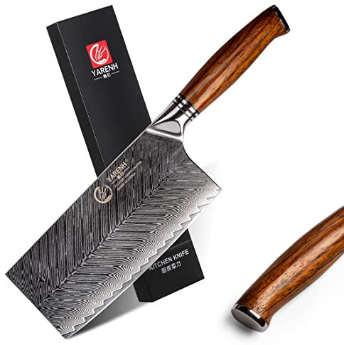 YARENH Coltello da Cuoco Cinese 17.6 cm, Coltello da Mannaia Professionale, 73 Strati di Acciaio Damasco con Manico in Sandalo Ergonomica, Coltelli da Cucina per Tagliare Carne e Verdura