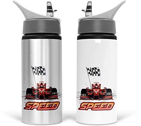 Personalised Water Bottle School Sport Drink 600ml Leakproof Spill Proof Aluminium Hot Cold Flip up Kids Boys Girls Biking Gift Racing (No Name)