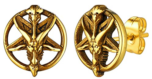 FaithHeart Boucles d'Oreilles Pentacle Plaque Or Clou Puces doreilles Tête de Mouton Pentagramme Acier Inoxydable Série Satan Anneau Gothique Punk