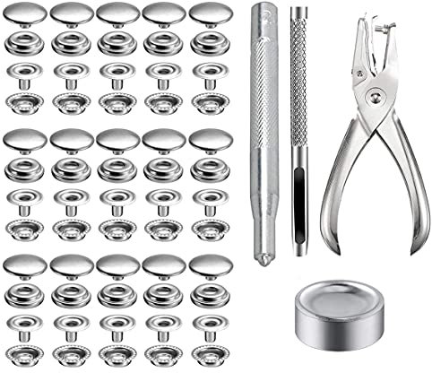 BetterJonny 200 Stück Edelstahl-Schnappverschluss-Set, 15 mm, robuste Druckknopf-Druckknopf-Kappe mit Zange und 3 Einstellwerkzeugen für Marineboot, Leinentasche, Leder, DIY Handwerk