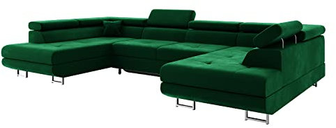 MEBLINI Schlafcouch mit Bettkasten - Ecksofa mit Schlaffunktion - Sofa mit Relaxfunktion und Kopfstützen - Couch U-Form - Eckcouch - Wohnlandschaft - Carl - 338x203x55cm - Grün Samt