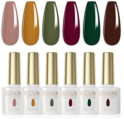ROSALIND UV Nagellack 6 Farben Haferflockenfarbe Erdig Gelb Grün Dunkelrot Dunkelgrün Braun Brauntöne Uv Lack Gel Nagellack Set Farbgel für Gelnägel Nagel Herbst Winterfarben UV LED Gel Nail Polish