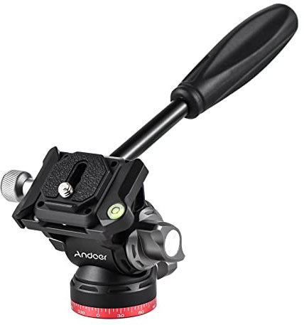 Andoer Compact Video Fluid Head Pan Tilt Tripod Head Panorama Ballhead Tripod Aluminum Alloy 1/4 Screw Load Capacity 10kg/22lbs with Handle Quick Release Plate