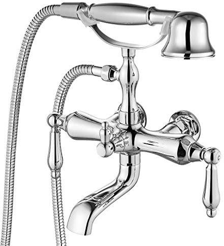 Aolemi Robinet de baignoire en chrome poli, 2 poignées, kit de douche avec pulvérisateur à main en forme de téléphone, style vintage, 9,5 cm, mitigeur de baignoire monté sur baignoire, Robinetterie