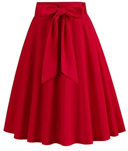 Damen Vintage Swing Rock 1950er Jahre Faltenrock Einfarbig A-Linie Kniel�nge Rockabilly Midirock Sommer Skater R�cke mit G�rtel und Pocket Rot-Bowknot S