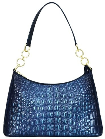 Anuschka Handbemalte Hobo aus Echtleder mit Kettenriemen - Croc Embossed Sapphire