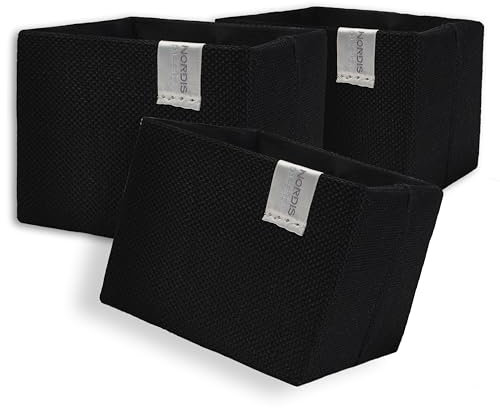 NORDIS DESIGN Mini Aufbewahrungskörbchen 3er Set (11x11x9cm), Premium Aufbewahrungskorb klein als Aufbewahrungsbox Bad, Organizer Wickelkommode, Utensilo & Premium Organizer Stoff schwarz uni