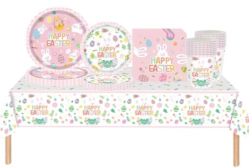 69Pcs Easter Party Tableware Bunny Egg Disposable Dinnerware Set for Easter Decorations for Table,Easter Plastic Table Cloth,Paper Plates,Cups and Napkins for Kids Adults Easter Party Supplies Decor