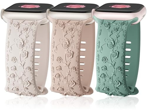 3 Piezas Correas Floral Grabado para Apple Watch 40mm 38mm 41mm Mujeres,Soft Silicona Correa Elegante Rosa Patrón Reemplazo Pulsera para iWatch Se serie 9 8 7 6 5 4 3 2 1