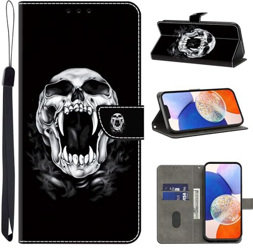 TUOLISG Handyhülle für Samsung Galaxy A34 5G Hülle,PU Lederhülle Klappbar Flip Case Tasche Magnet Kartenfach Standfunktion Schutzhülle für A34 5G -Schädel