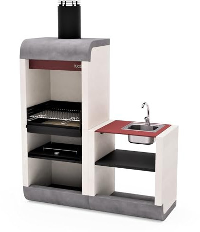 TUOZI - Barbacoa de Obra para Leña y Carbón Modelo SUD PLUS Módulo Soporte Fregadero y Grifo (Blanco, Gris, Rojo - 162 x 60 x 220 cm) REF: 4340/2 - Uso en Exteriores