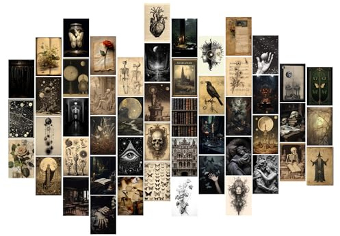 TWNSLLA Moody Dark Academia Decor Wandkunst für Zuhause, 50 Stück, dunkle Akademie, ästhetische Wanddekoration, Vintage-Halloween-Bilder, Gothic-Poster, Wand-Collage-Set, Hexen-Gothic-Kunstdrucke