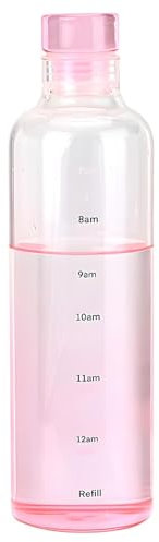 NEBLUKK Botella Agua Cristal, Botella Agua - 500ml - botella de Agua para Oficina, Deporte - Motivadora, Reutilizable. Vidrio de Borosilicato - Con Marcas de Tiempo - Con tapon de PC - (Rosa)