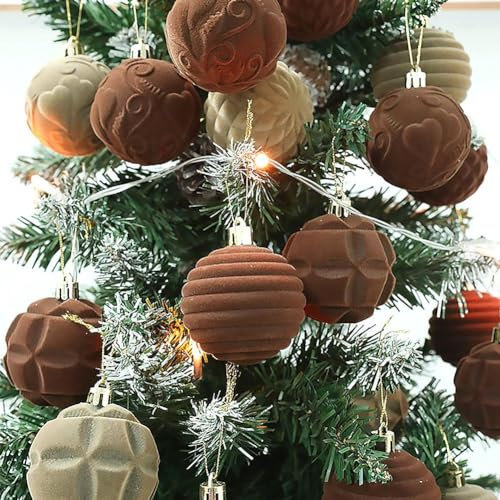 12 Stück Samt-Weihnachtskugeln, Bauernhaus-Weihnachtskugeln, bruchsichere Kugeln, Christbaumschmuck für Weihnachtsbaumschmuck (Kaffee)
