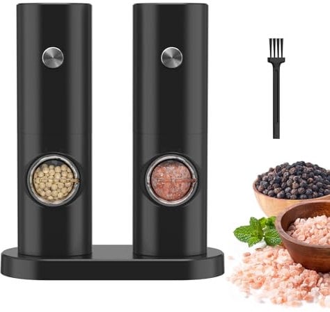 Syaws Pepper Grinder,Electric Salt & Pepper Grinder Set,Battery Powered Salt Grinder with Docking Base,Automatic,Adjustable Coarseness (Grinder Set Black-Battery Operated)