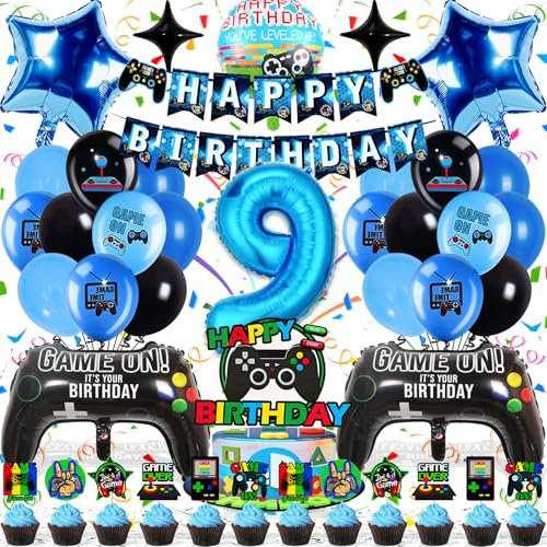 Zaztytoy Videospiel Geburtstag Deko 9 Jahre für Jungen - 43-Teilige Geburtstagsparty Ballon Set in Blau und Schwarz, Hochwertig & Umweltfreundlich, Einfach zu Montieren