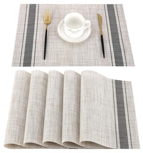 6pcs Beige Table Mats, Heat Resistant Table Mats Woven Vinyl Plastic Placemats for Dining Table Non-Slip Stain Resistant Kitchen Table Placemats for Kitchen Dinning Restaurant(Beige Grey)