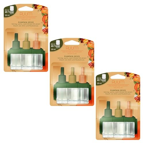RUUM Nachfüllflakons 3er Pack je 20 ml Pumpkin Spice - Hochwertiger Raumduft Nachfüller - Kompatibel mit Febreze & Ambi Pur 3Volution Duftstecker - Lufterfrischer Nachfüller für Duftvielfalt