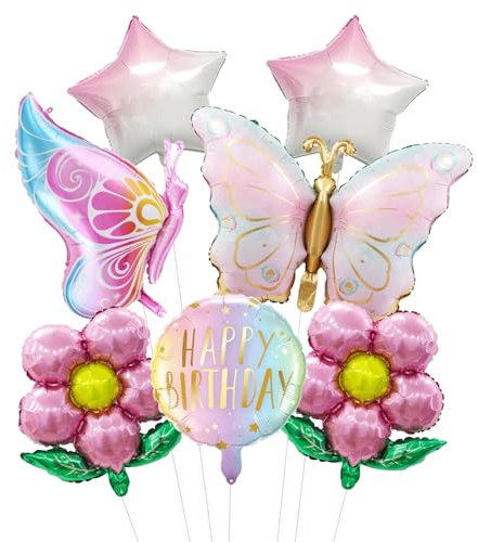 KOBOKO Schmetterlinge Deko Luftballons Geburtstag, 7 Stück Folienballon Schmetterling Deko Geburtstag, Luftballon Blume Geburtstagsdeko Mädchen, Stern Helium Ballons für Kindergeburtstag Party Deko