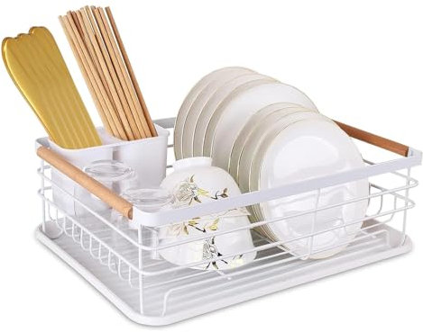 ATEK Dish Drainer Rack – Modern Design Drip Tray Plate, Cutlery, Pots and Drying Rack for Kitchen Removable with Wooden Handle Dish Drying Rack Cutlery Holder Countertop Easy Assemble (White)