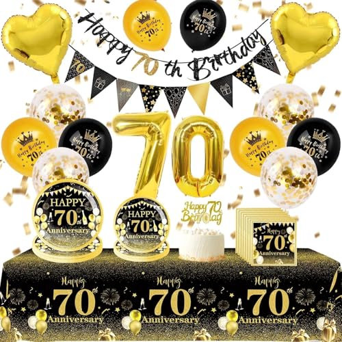 Black Gold 70th Birthday Party Decorations Tableware Set Include 70th Happy Birthday Banners, Balloons, Tablecloth, Plates, Serviettes and Cake Topper, for Men Women Party Supplies Decor