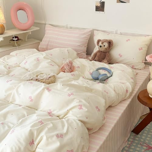 Lanqinglv Bettwäsche 200x200 Mädchen Rosa Weiß Schleifen Muster,Kinder Bettwäsche aus Microfaser,ÖKO-TEX Bettwäsche Set - Weiche Bettbezug mit Reißverschluss und 2 Kissenbezug 80x80 cm