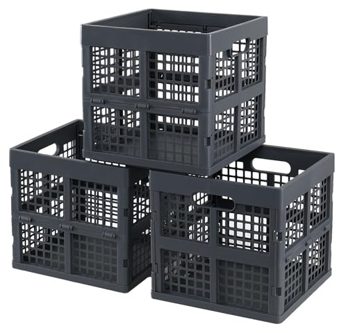 Fosly 18 L Square Folding Plastic Crates, 3 Pack Collapsible Storage Crates | Durable Plastic Stackable Crate, Foldable Design, Square Crates for Home, Offices, Garages, Car Trunk